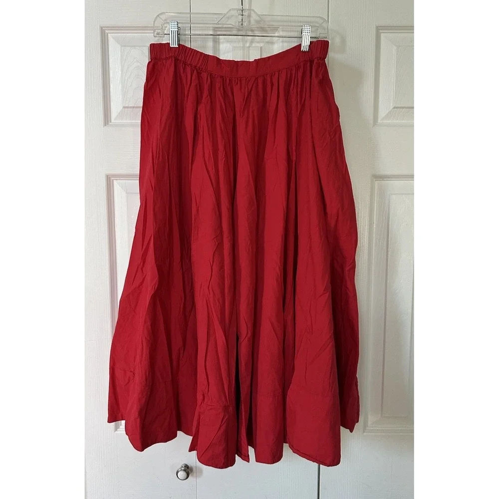 Free People Lowen Midi Skirt Red Pleated Billowy A-line Sz L